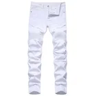 Мужские белые джинсы скинни, размеры 28-42, Новые облегающие брюки в европейском и американском стиле со складками, трендовые мотоциклетные джинсы, брюки из денима (без пояса)