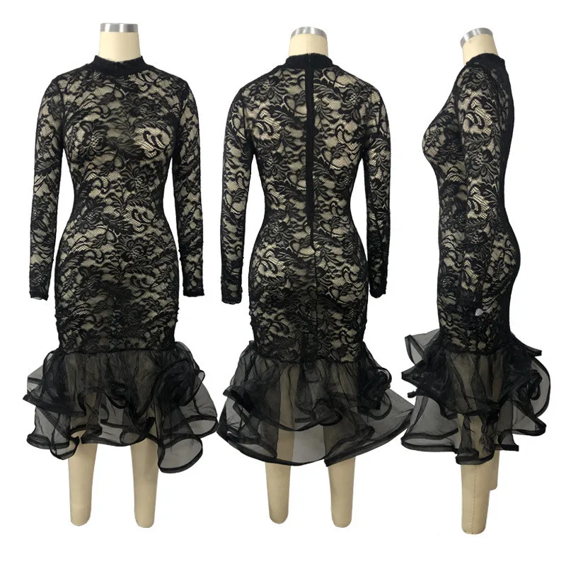 

2021 fashion sexy Lace Hollow Out Organza Ruffle Dress Long Sleeve High Waist Mermaid Dress Sexy Party Nightclub dress Bodycon