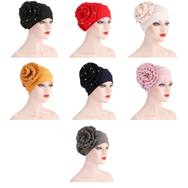 

Trendy Flower Muslim Hijab Caps Solid Color Wrap Head Inner Hijabs Cotton Beads Turban Bonnet For Women Islamic Underscarf Cap