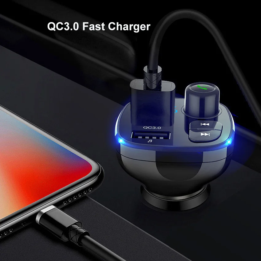 

Car FM Transmitter Modulator QC3.0 Fast Charger Bluetooth 4.2 Car Transmitter Handsfree Kit Voltage Display with TF Card Slot