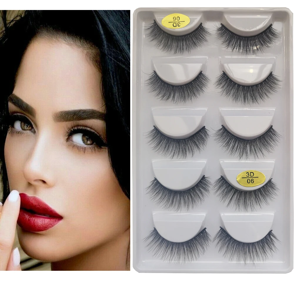 5 пар 3D ресницы из искусственной норки оптом полоски черные многоразовые