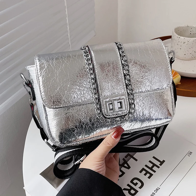 

Women Shoulder Bag Luxury Designer Silver Metallic Luster PU Leather Handbags Small Clutch Crossbody Bags For Women Chains Bolsa