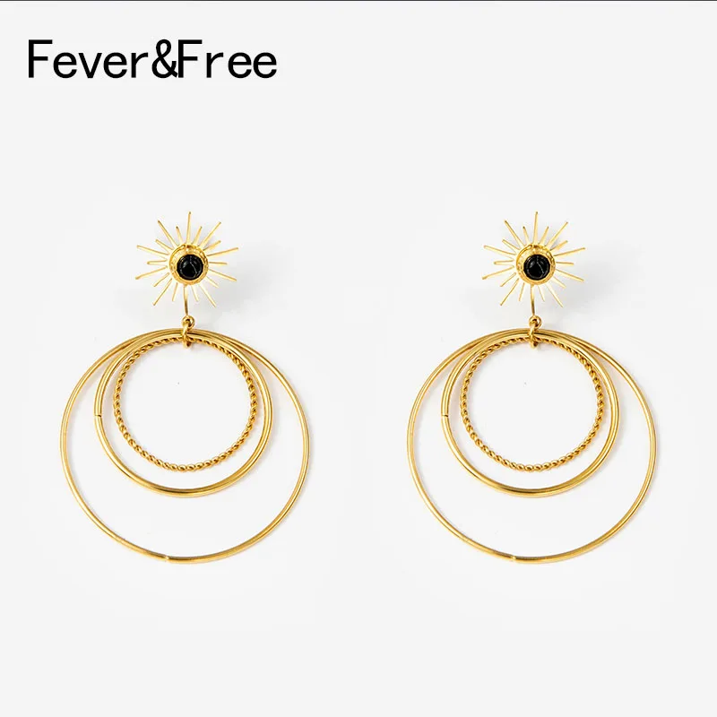 

Bohemian Gold Color Drop Earrings For Women Stainless Steel Star Shape Black Stone Big Round Dangle Party Jewelry Gift