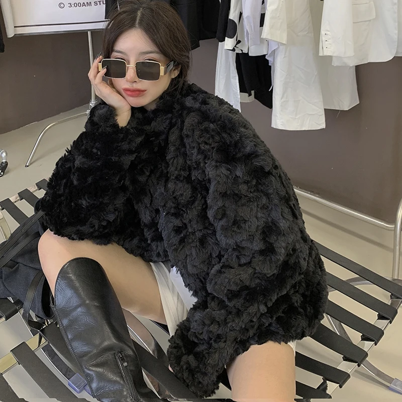 

Thick Faux Rabbit Fur Coats and Jackets Women Winter Single Breasted Coat Woman Stand Collar Korean Style Tops Femme