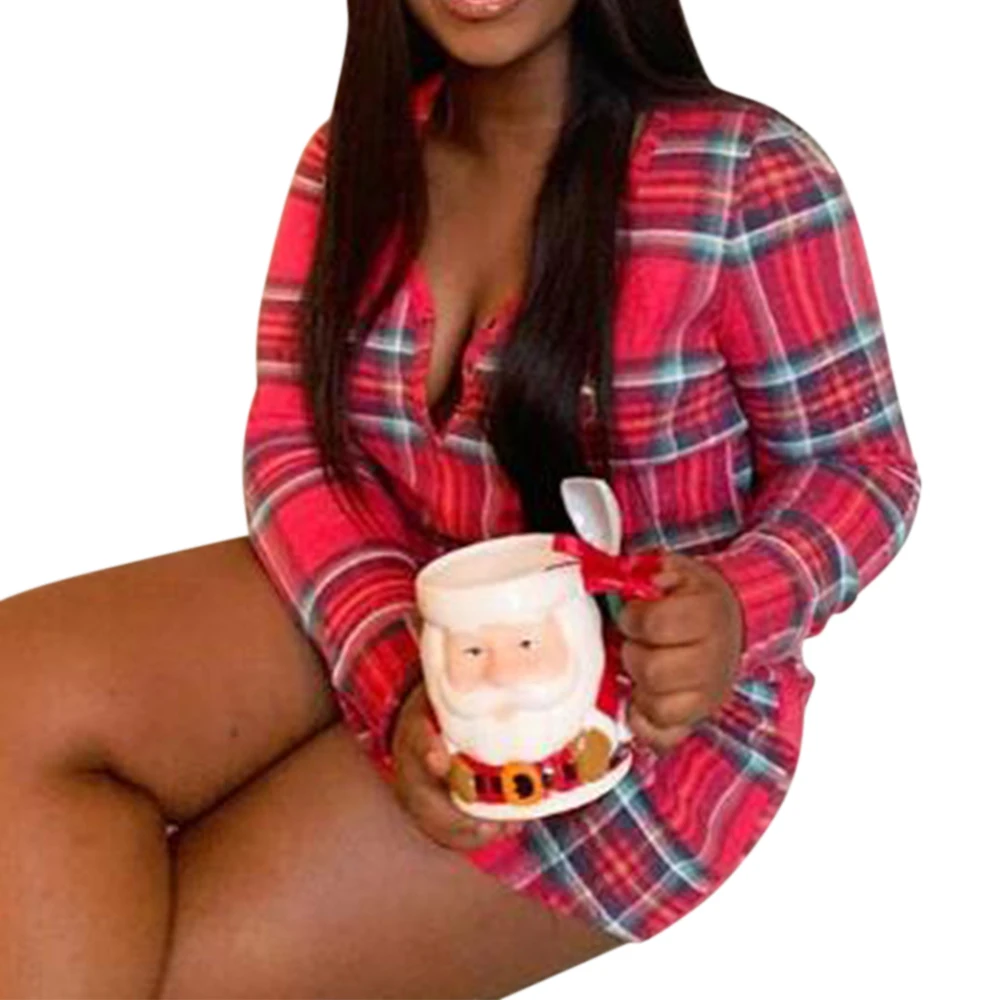 

Christmas Casual Shirts Women Plaid Print Stretch Party Shirt Tunic Slim Fit Long Party Sexy V Neck Ladies Tops Female Clothes