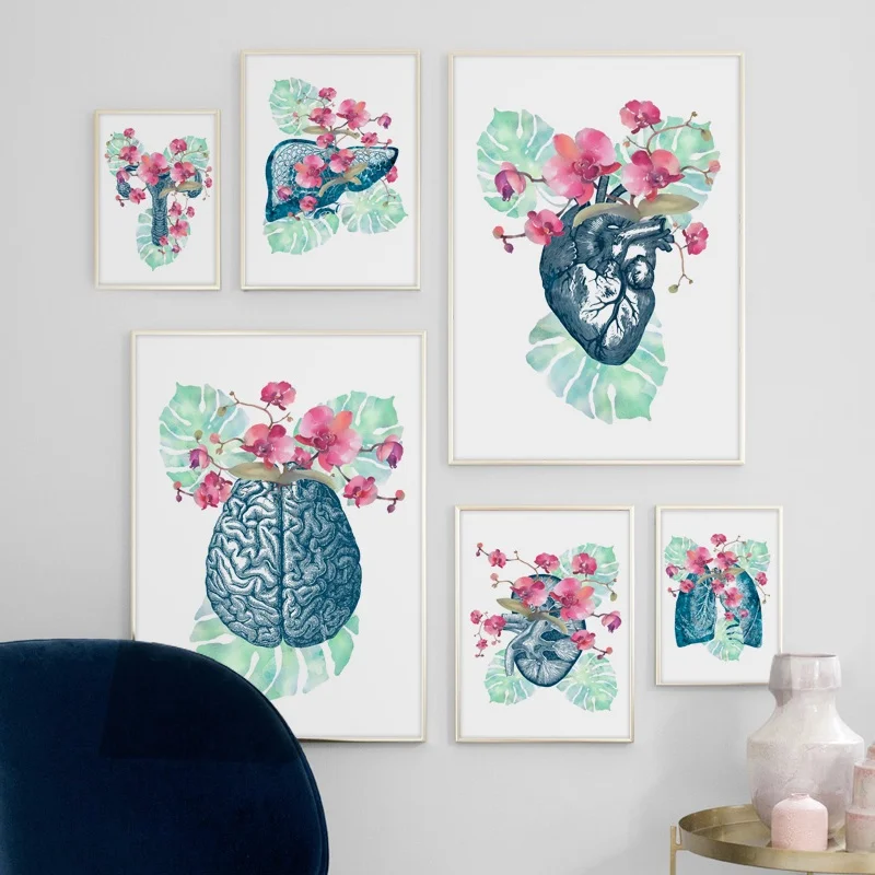 

Anatomy Art Human Flowers Heart Brain uterus Wall Art Print Canvas Painting Nordic Poster Wall Pictures For gallery Office Decor