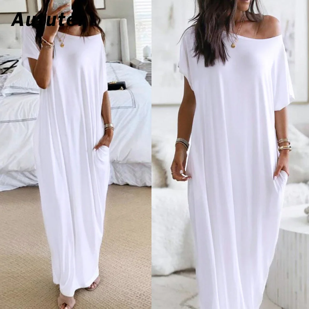 Платье женское длинное с круглым вырезом однотонный белый вечерний сарафан