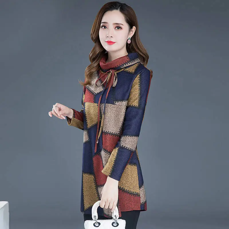 

Brushed and Thick Half-Collar Plaid Printed T-shirt Large Size Dress Bottoming Shirt Top