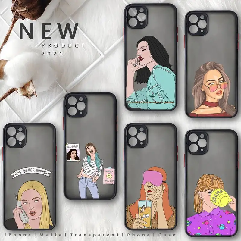 

ins cool girl Phone Case matte transparent For iphone 7 8 11 12 13 plus mini x xs xr pro max cover