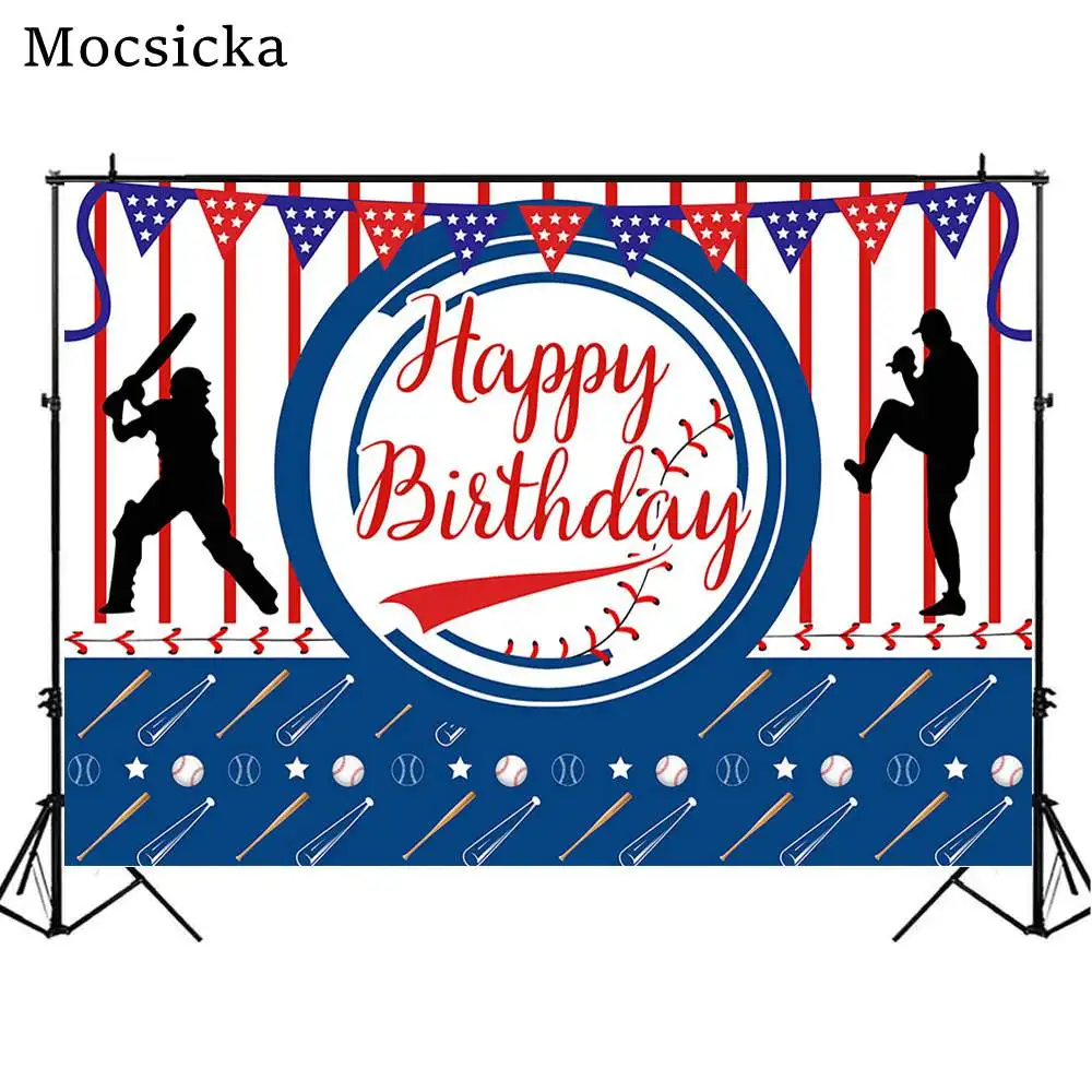 

Mocsicka Baseball Theme Birthday Backdrop Custom Adult Child Happy Birthday Party Background Red Sstripes Banner Star Decoration
