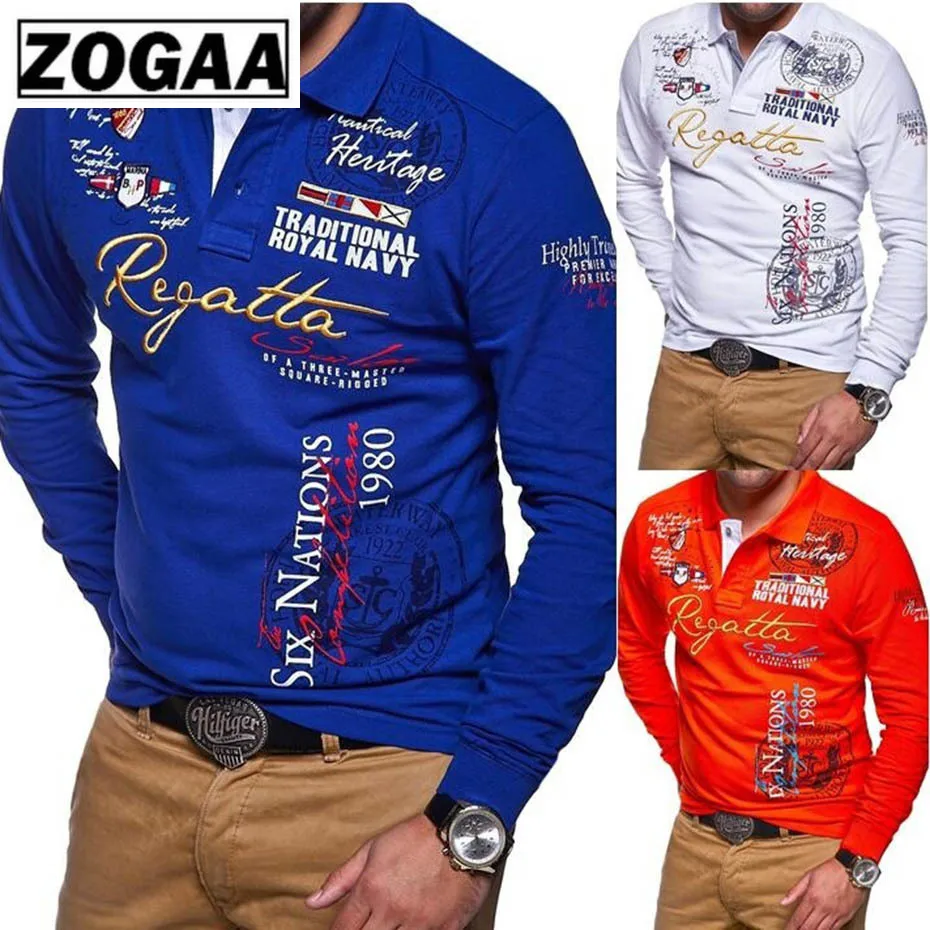 Мужская футболка с отложным воротником белая синяя Повседневная длинным рукавом