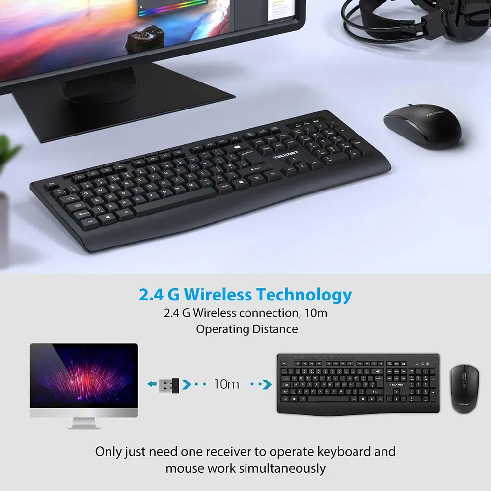 TeckNet 2 4 ГГц полноразмерная эргономичная беспроводная клавиатура и мышь