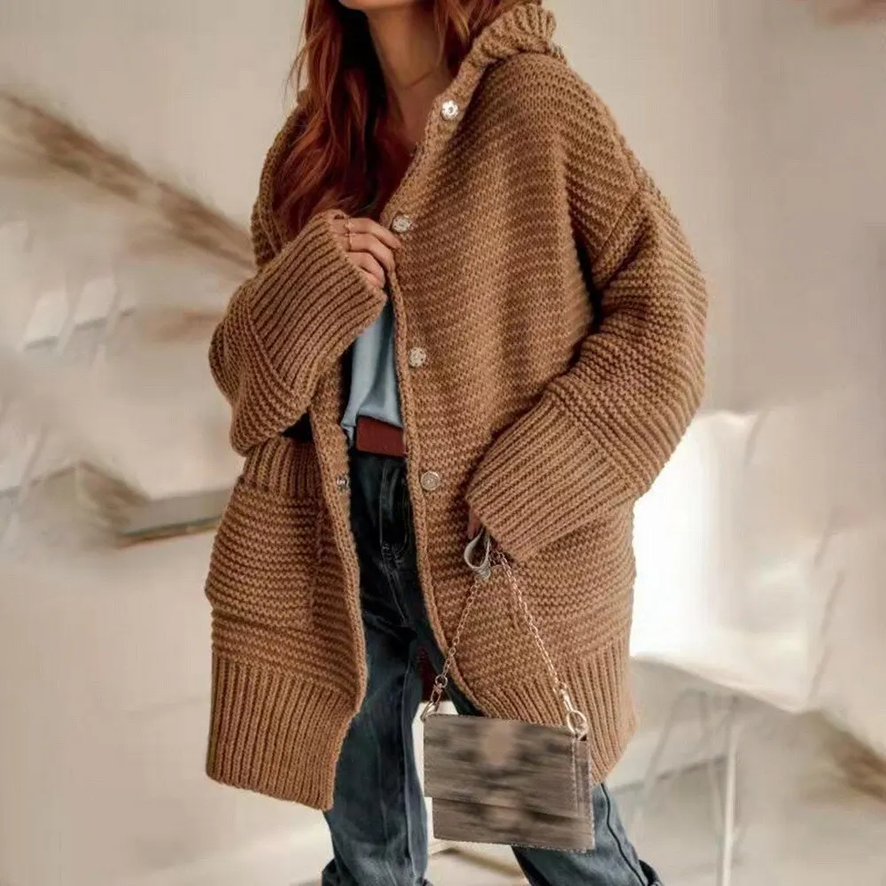 

Autumn Winter Women Sweater Cardigans 2021 Hooded Solid Single Breasted Buttons Pockets Casual Women Knit Sweater Coat