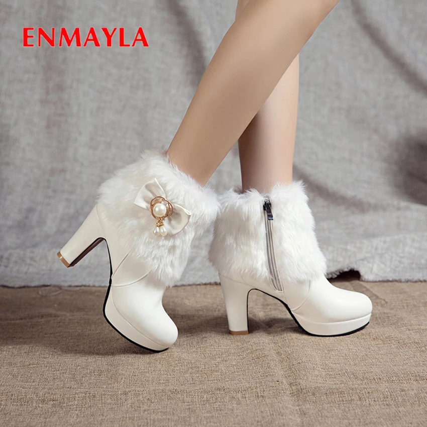 ENMAYLA/женские ботинки из плюша с металлическим украшением и жемчугом круглым