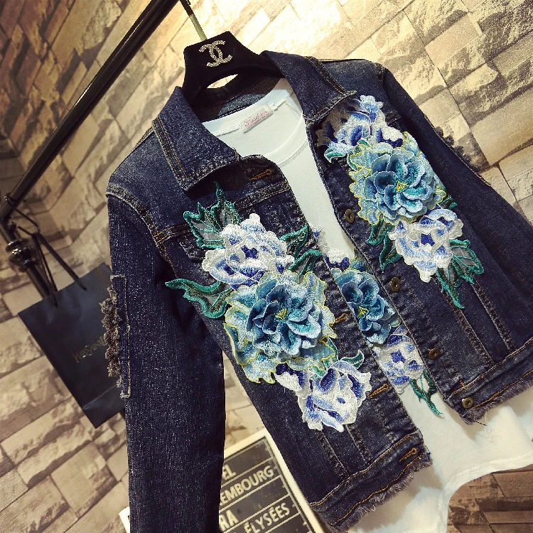 

Short Women's 2020 Autumn Denim Jacket Fashion Embroidery Green Flower Long Sleeved Holes Jeans Coat Students Blue Coats