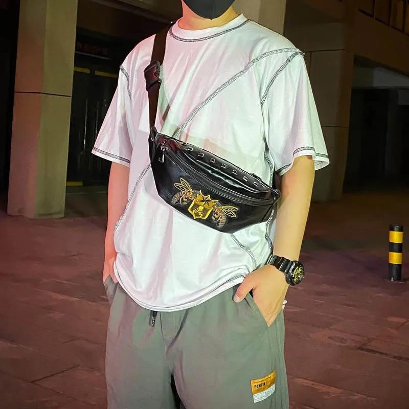 

2021 New Trend Men Hip Fanny Pack Travel Crossbody Bag Chest Bag Black Leather Waist Bags Boy Street Style Belt Pouch