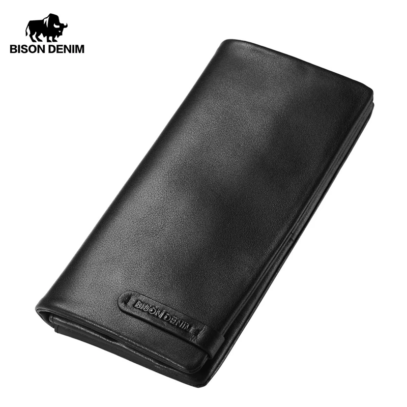 Мужской Длинный кошелек BISON DENIM тонкий черный клатч из натуральной воловьей кожи