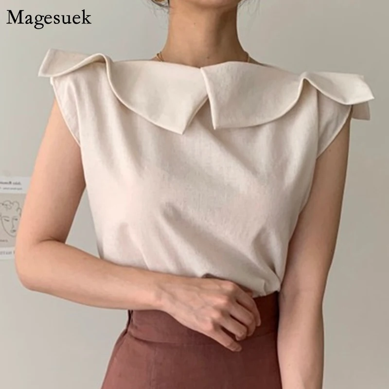 

Модные женские рубашки без рукавов с оборками, летняя Корейская шикарная однотонная Повседневная Блузка с воротником-лодочкой, свободные т...