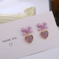 cute korean earrings heart bling zircon stone purple bow stud earrings for women girls fashion jewelry 2021 new gift