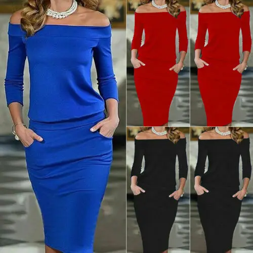 2020 elegant Bodycon Dress for office lady Long Sleeve Slash Neck Sexy Night Club Wear plus size business Celebrity Party | Женская