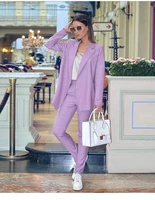 lavender high street spring womens suit casual blazer jacket and pencil pants fashion set for work lady