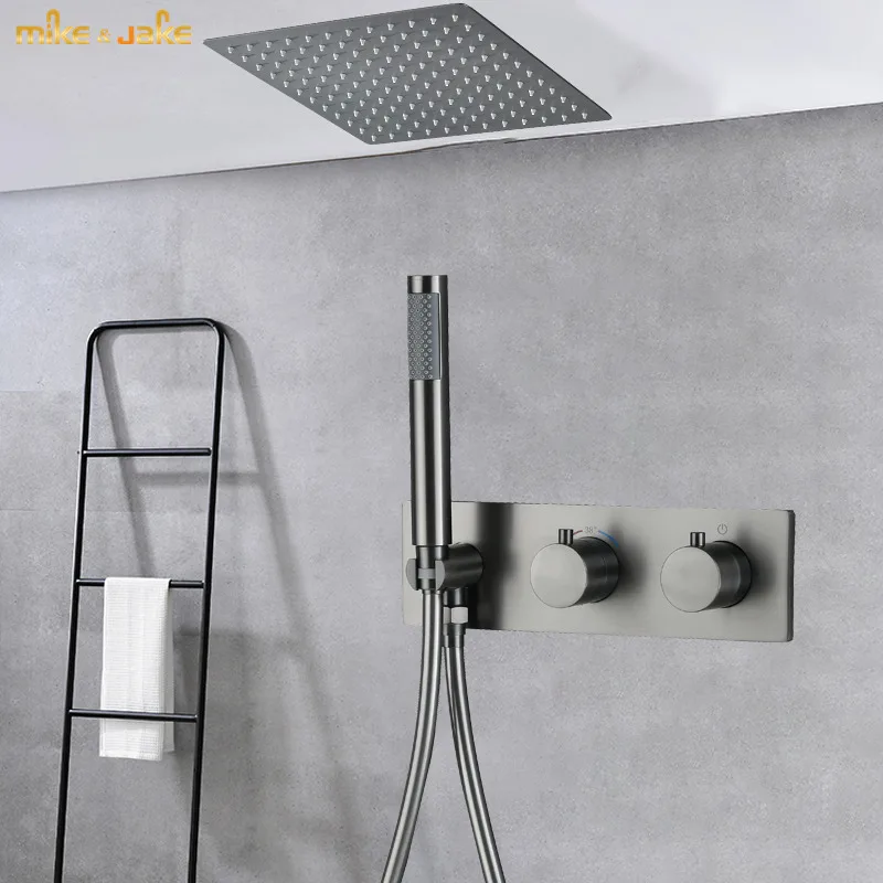 

Gun metal top ceiling 12inch shower set thermostatic bath rainfall bath shower set bathroom matt black constant shower mixer