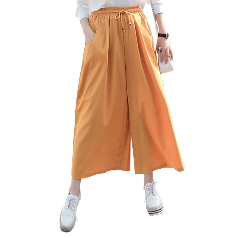 

2021 Plus Size Women Pants Summer Chiffon Loose High Waist Elastic Waist Pants Wide Leg Pants Solid Color Casual Mujer Trousers