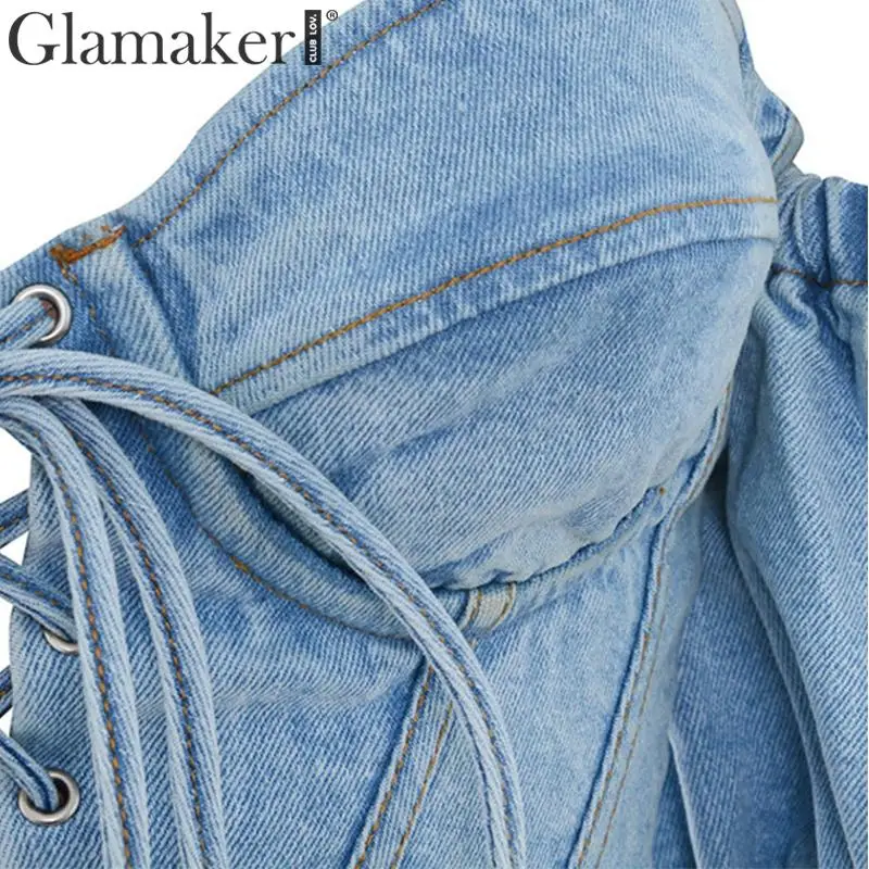 Glamaker Сексуальная джинсовая женская блузка Женский Топ Женская кружевная элегантная рубашка с пышными рукавами осенняя синяя Зимняя Блузка укороченная рубашка