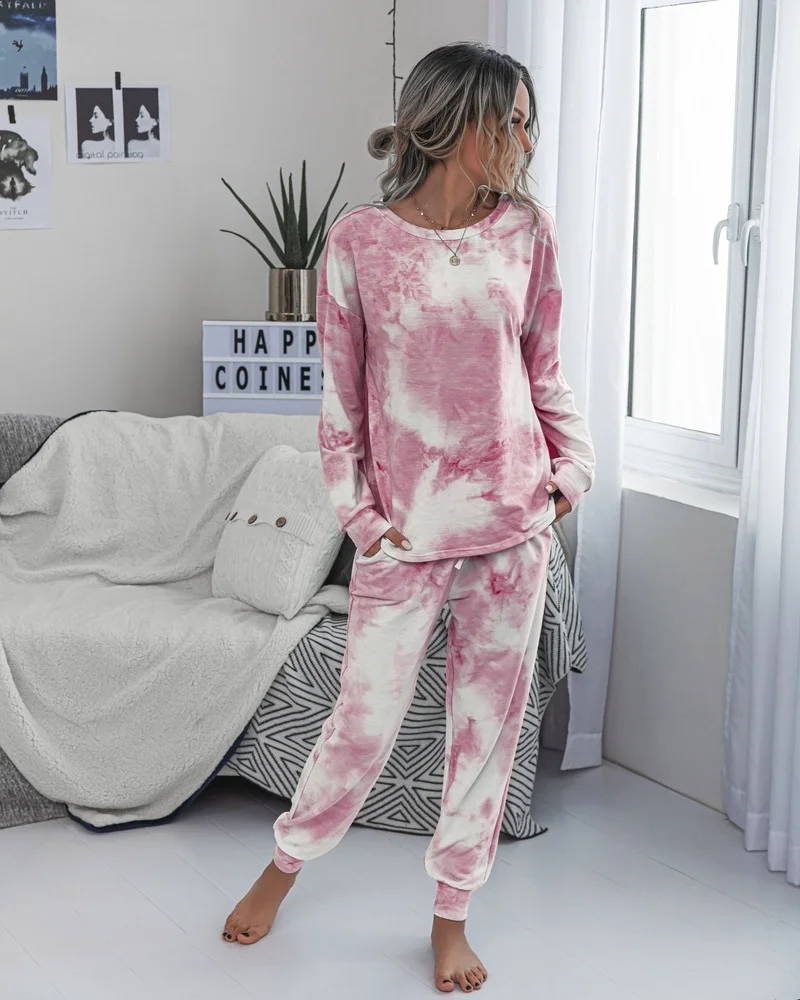 

2021 ladies fashion European and American women's printed tie-dye round neck long-sleeved casual women's suit two piece set