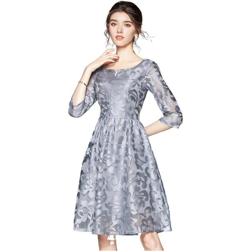

Simgent Women's Lace Dress Autumn Three Quarter Sleeve Fashion Elegant Dress Dark Blue Gray Woman Clothes Vestidos Jurken SG0854