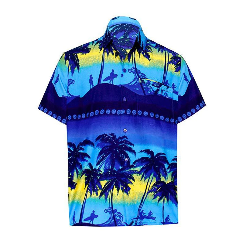 

Hawaii Summer 3D Beach Scenery Printing Shirt Men European American Thin Short Sleeve Fake Pocket Street Fashion Casual Tops