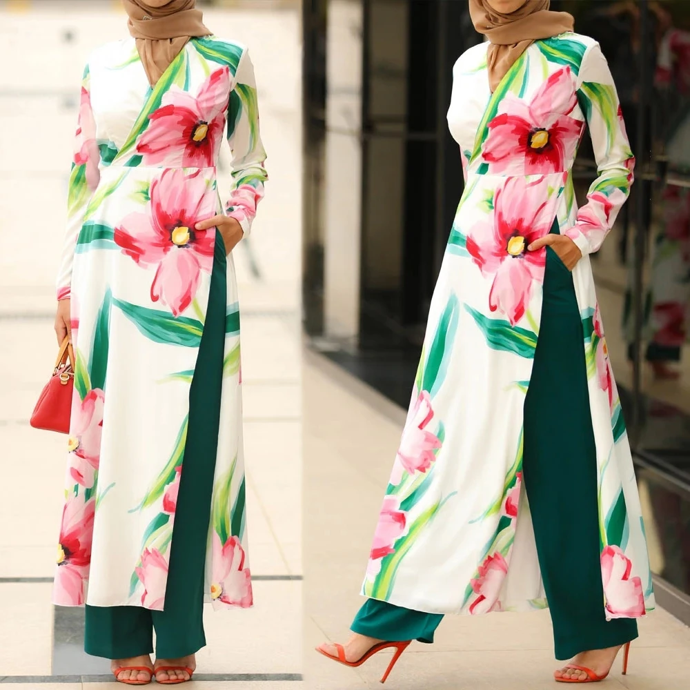 

MD Muslim Set 2 Pieces Slip Dress Pants Suit Malaysia Dubai Abayas For Women Kaftan Marocain Islamic Clothing 2021 Eid Mubarak