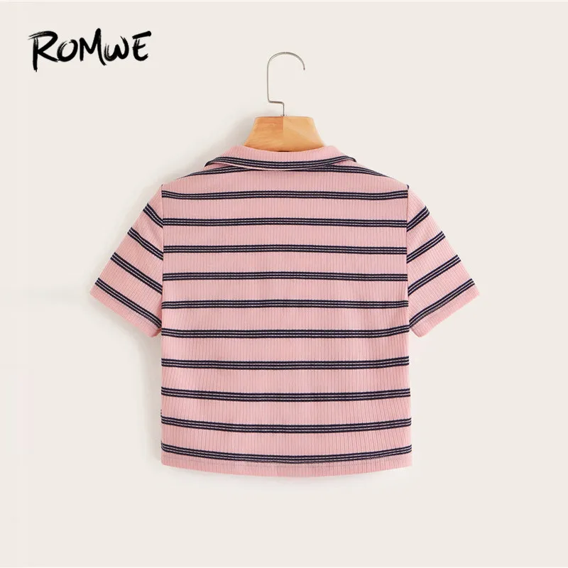 Romwe Sport Collared футболка в полоску с v-образным вырезом, женская летняя укороченная футболка с короткими рукавами, спортивные топы для бега, облегающая спортивная одежда