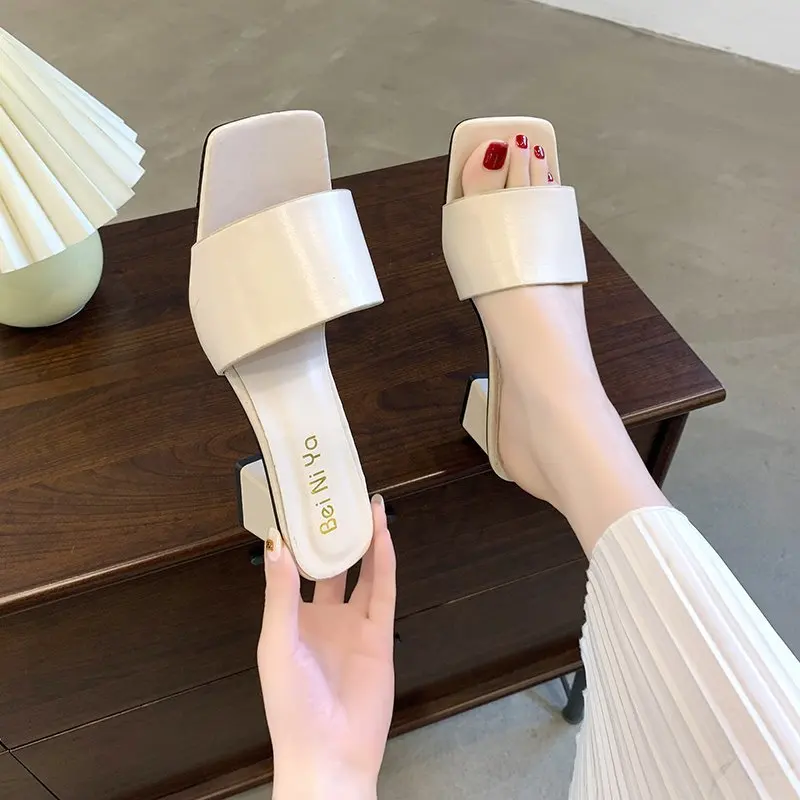 

2021 NEW Sexy PU Square Toe High Heel Slippers Summer Fashion Slip On Thin Heels Women Mules Party slippers women shoes