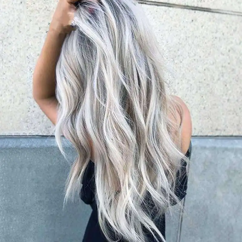 

Hot Selling European and American Dyed Medium Long Curly Hair Cos Gray Gradient Anime Wig New Female Synthetic Wigs