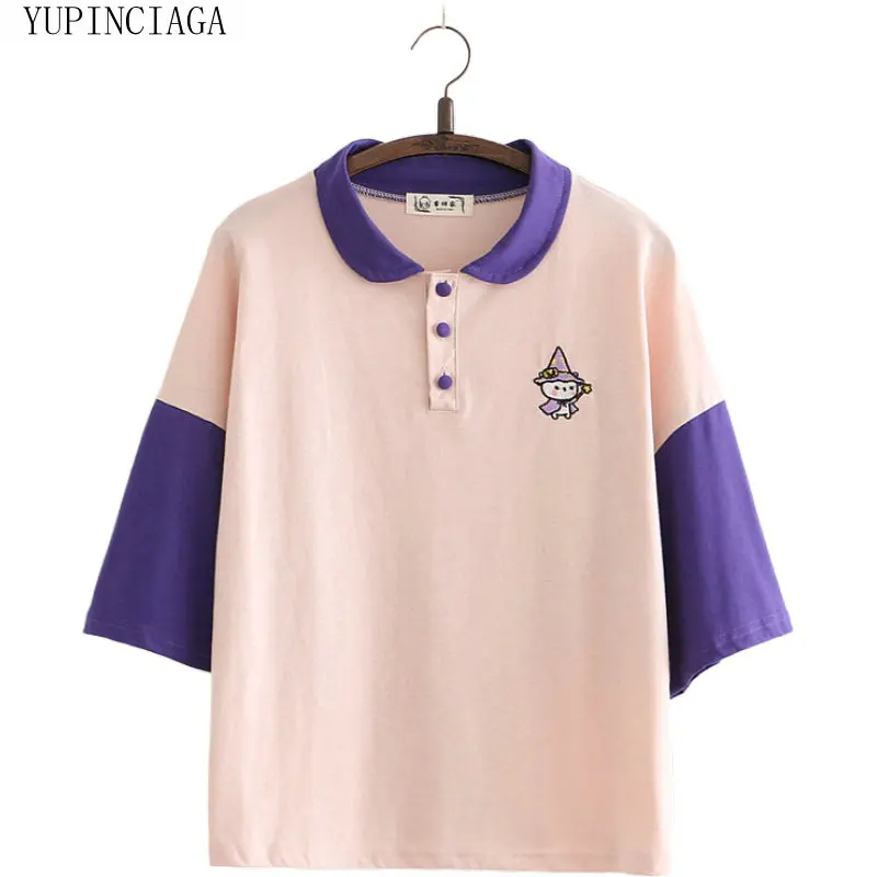 

Women's Harajuku Cotton T Shirts Embroidery Patchwork Funny T Shirt 2020 Spring New Short Sleeve Turn-down Collar Tops Tees