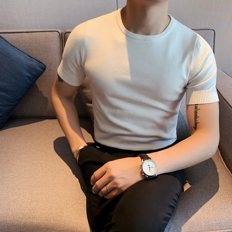 

2021Casual Men's short sleeve Sweater O-Neck Slim Fit Knit Autumn Mens Sweaters Pullovers Pullover Men Pull Homme S-4XL