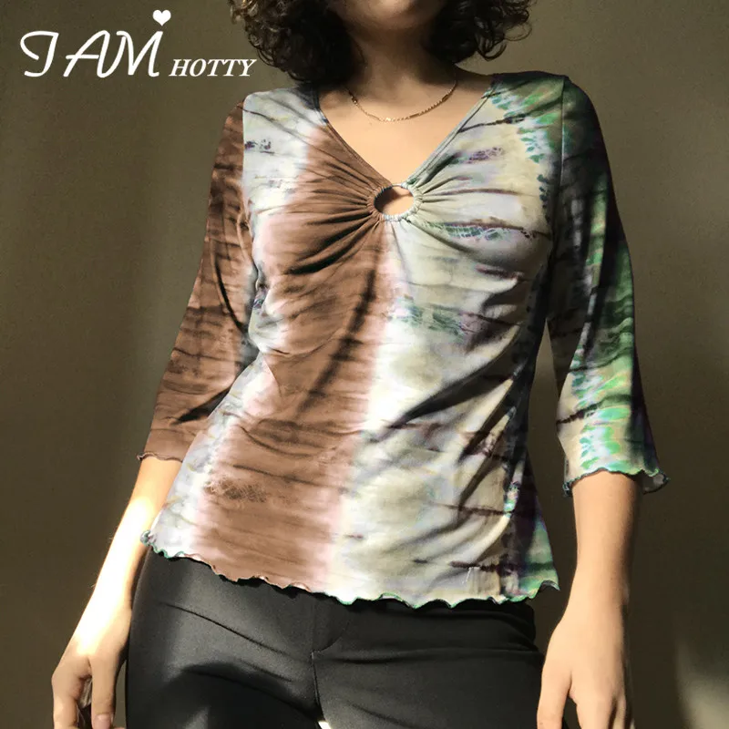 Tie Dye Print Hollow Out T Shirt Women Vintage V-neck Long Sleeve Tops Aesthetic Tee Autumn Grunge Clothes Frill Shirt Iamhotty tie dye print black t shirt women vintage long sleeve tops harajuku o neck skinny pullovers autumn casual cotton shirt iamhotty