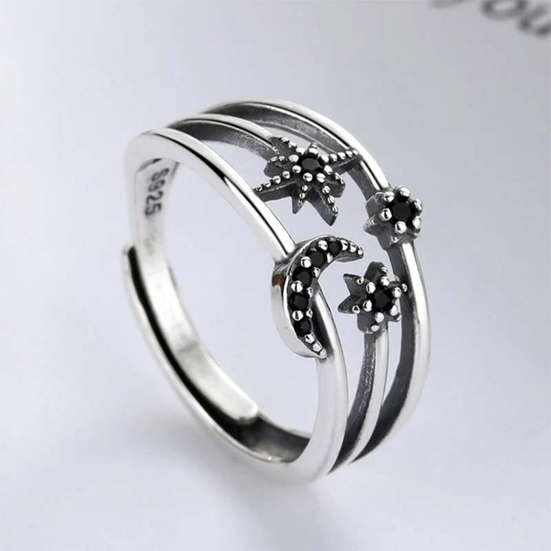 

FANRU S925 Sterling Silver Ring Resizable For Women Vintage Star Moon Styling Ring Birthday Wedding Gift Fine S925 Jewelry