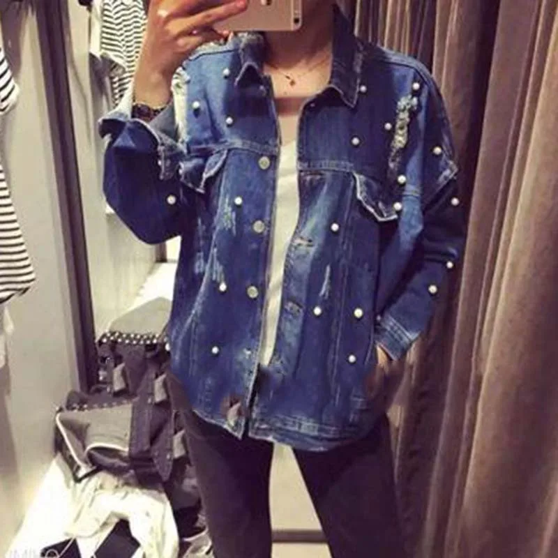 Жемчужные бисерные рваные джинсовые куртки женские винтажные однобортные и