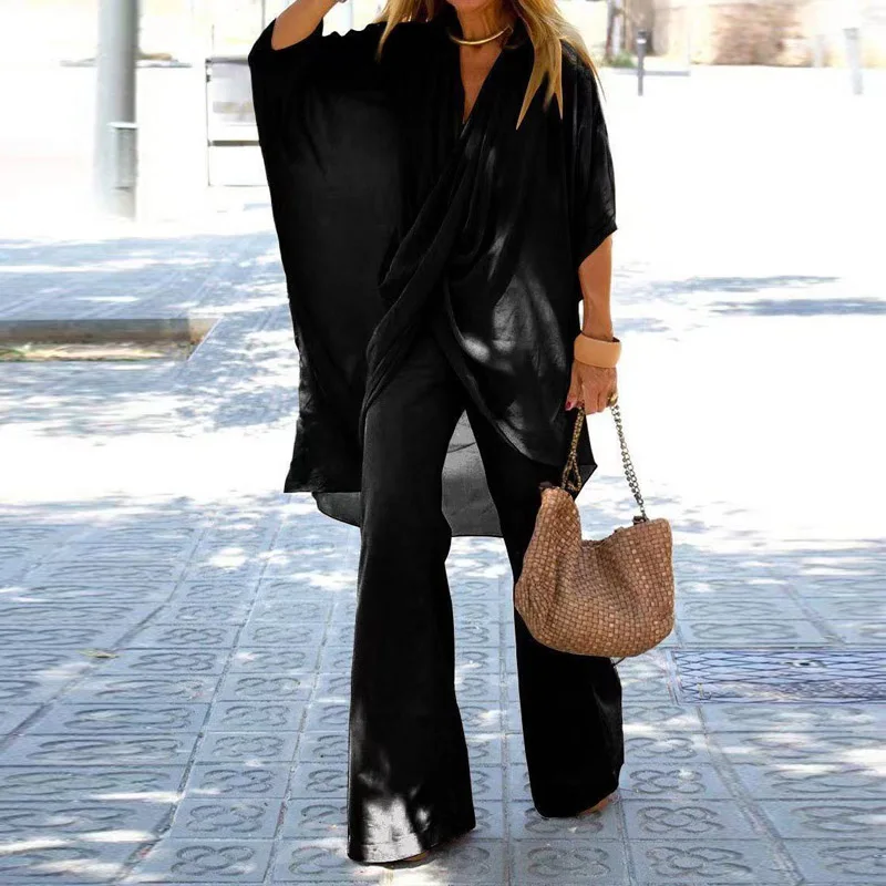 

Casual Scarf Collar Retro Batwing Sleeve Loose Long Shirt Fashion Flare Pants Suits Elegant Solid Women 2 Piece Sets 2021 Autumn