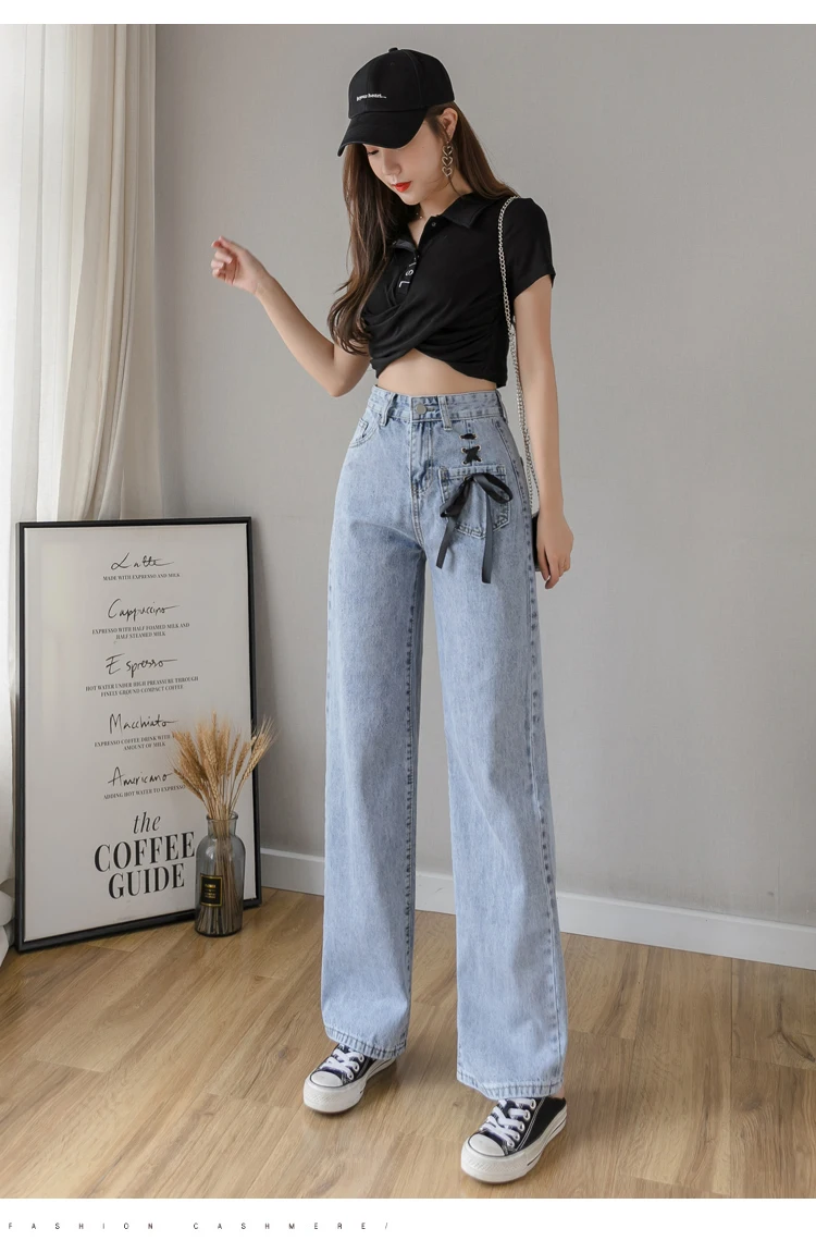 

2021 Jeans Women High Waist Denim Trousers Female Fashion Ladies Wide Leg Denim Pants Summer Loose Bow Straight Leg Pants