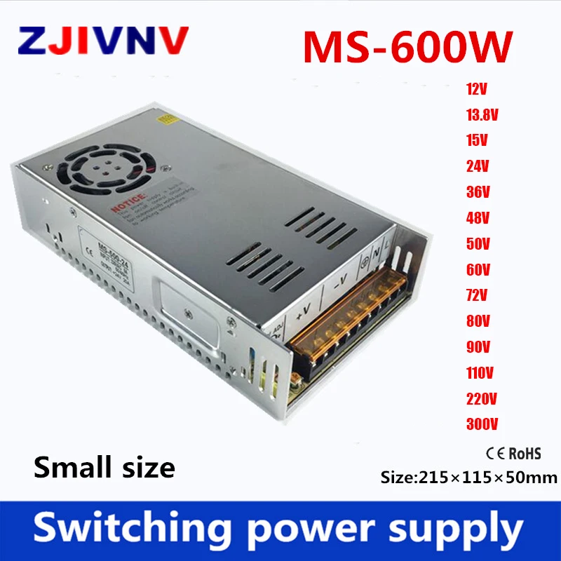 600W Small Size Switching Power Supply Single Output AC-DC 5v 12V 13.8v 15V 24V 27V 36V 48V 50V 60V 72V 80V 90V 110V 220V 300V