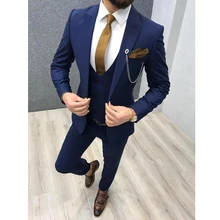 2022 Peaked Lapel Custom Made Wedding Tuxedos Slim Fit Male Suits Three Piece Royal Blue Men Suits (Jacket + Pants + Vest) (3)