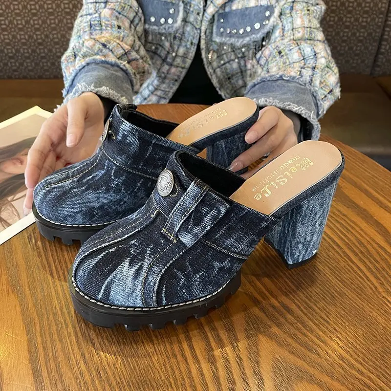 

Denim Baotou lazy high-heeled sandals and slippers