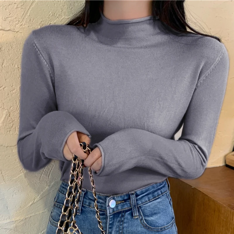 

New Autumn And Winter Half-high Collar Hemming Cashmere Women Casual Paragraph Long Sleeve Sweater Solid Color Pullover Sweater