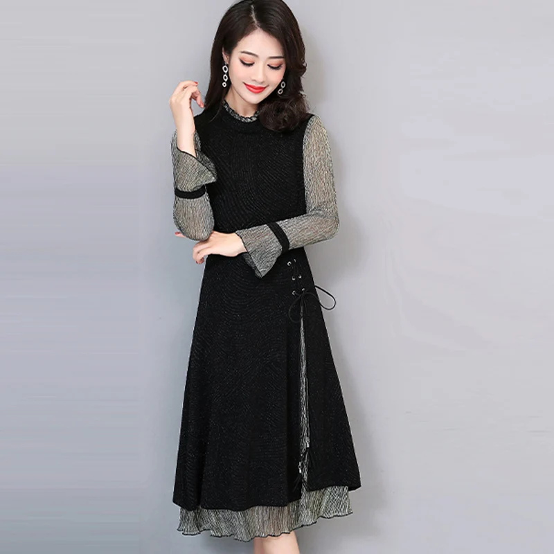 

Женское винтажное шифоновое платье-трапеция, свободное платье большого размера с длинным рукавом и круглым вырезом, весна-лето 2020