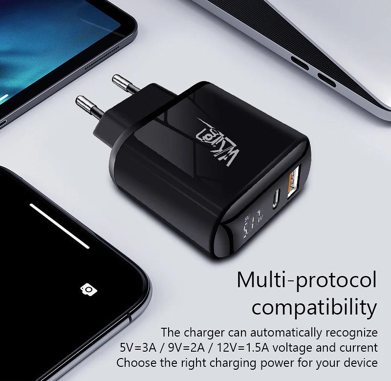 VVKing USB зарядное устройство 18 Вт PD Быстрая зарядка usb type C PD зарядное устройство HD Smart display EU разъем для iPhone 11 Pro samsung Xiaomi зарядка
