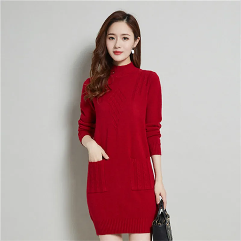 Осенне-зимнее вязаное платье-свитер женские свободные однотонные пуловеры с
