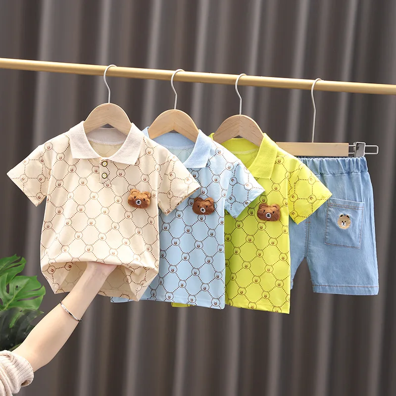 

Toddler Boys Summer Cartoon Bear Clothes Sets Children Fashion Geometry Polo Shirts+Shorts Casual 2pcs Sets Baby Girls Clothing